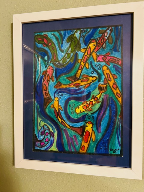 Koi Pond, mixed media on paper, framed, 11 x14 