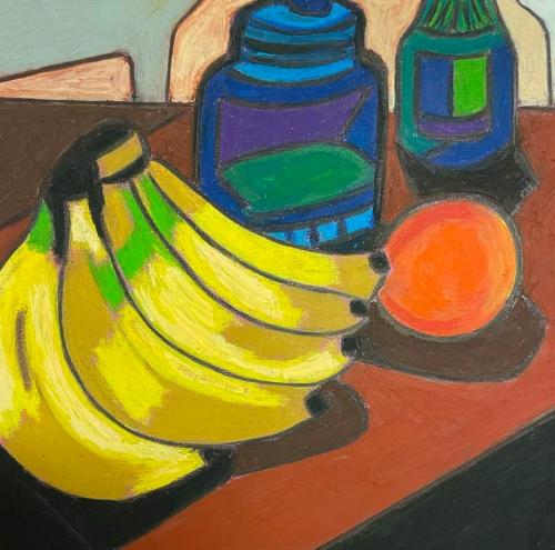 Still life with bananas and blue jars